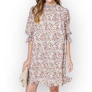 Hayden Cream Brown Floral Smock Neck Mini Dress Women’s Large Boho Chic